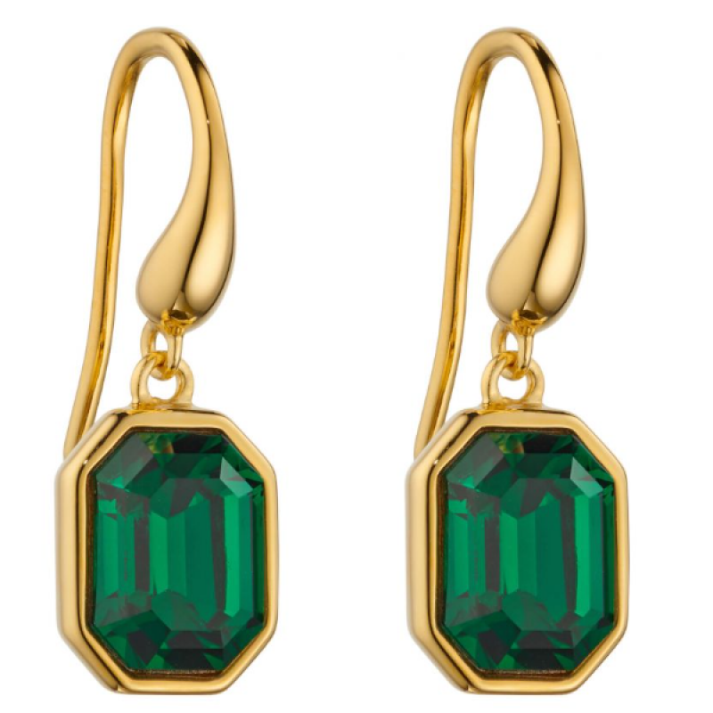 Yellow Gold Plated Elongated Octagon Drop Earrings With Emerald Crystal 